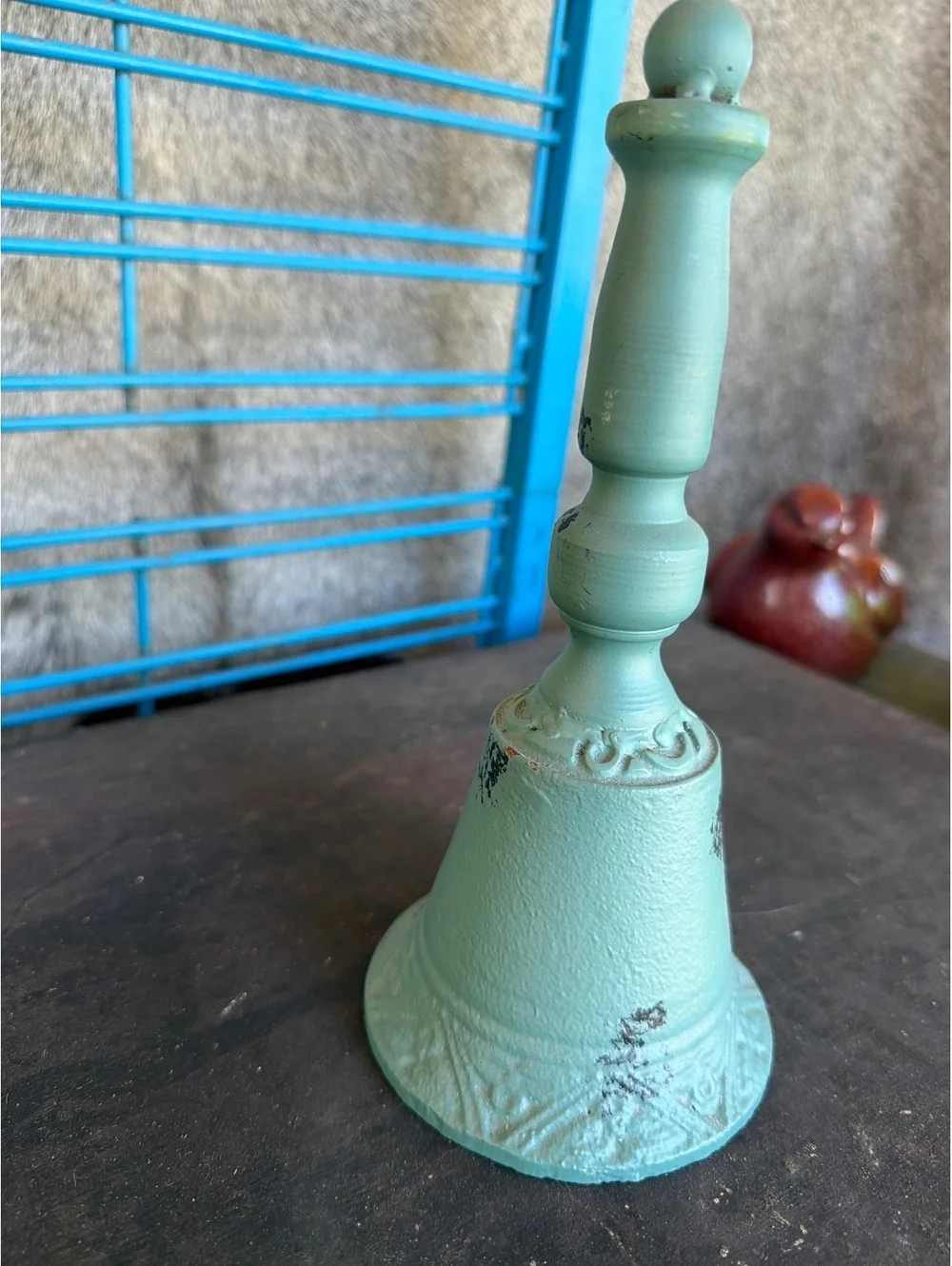 Vintage Green Cast Iron Dinner Bell with Handle